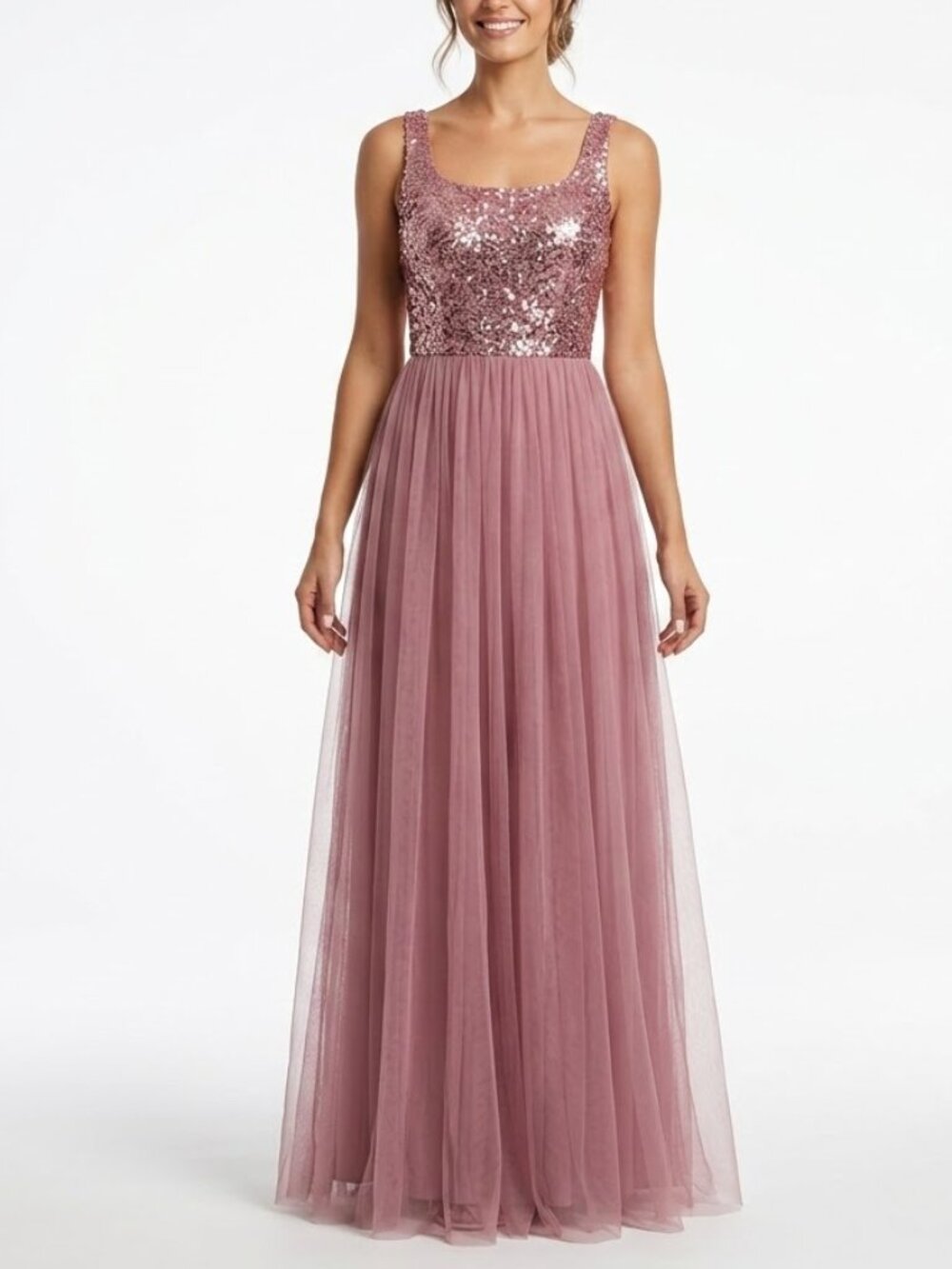 Ever-Pretty Coquette Sequin Tulle Maxi Dress Dusty Rose Prom Gown Sz 10